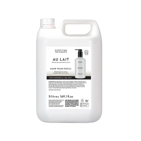 A 5-litre white plastic container of Scottish Fine Soaps Au Lait Hand Wash Refill, featuring a white and black label with product details and an illustration of the hand wash bottle.