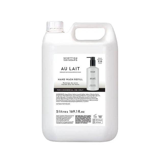A 5-litre white plastic container of Scottish Fine Soaps Au Lait Hand Wash Refill, featuring a white and black label with product details and an illustration of the hand wash bottle.
