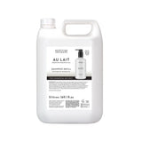 A 5 litre plastic container of Scottish Fine Soaps Au Lait Shampoo Refill, featuring a white body, integrated handle, and a detailed black and white label.