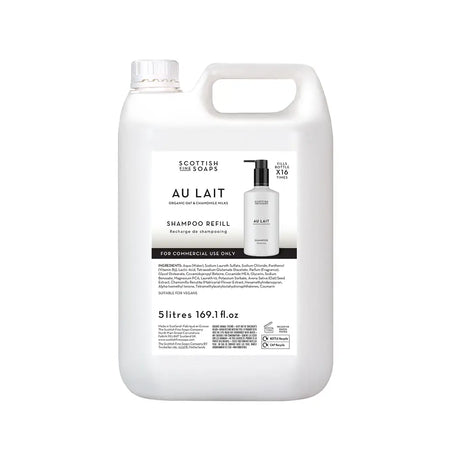 A 5 litre plastic container of Scottish Fine Soaps Au Lait Shampoo Refill, featuring a white body, integrated handle, and a detailed black and white label.
