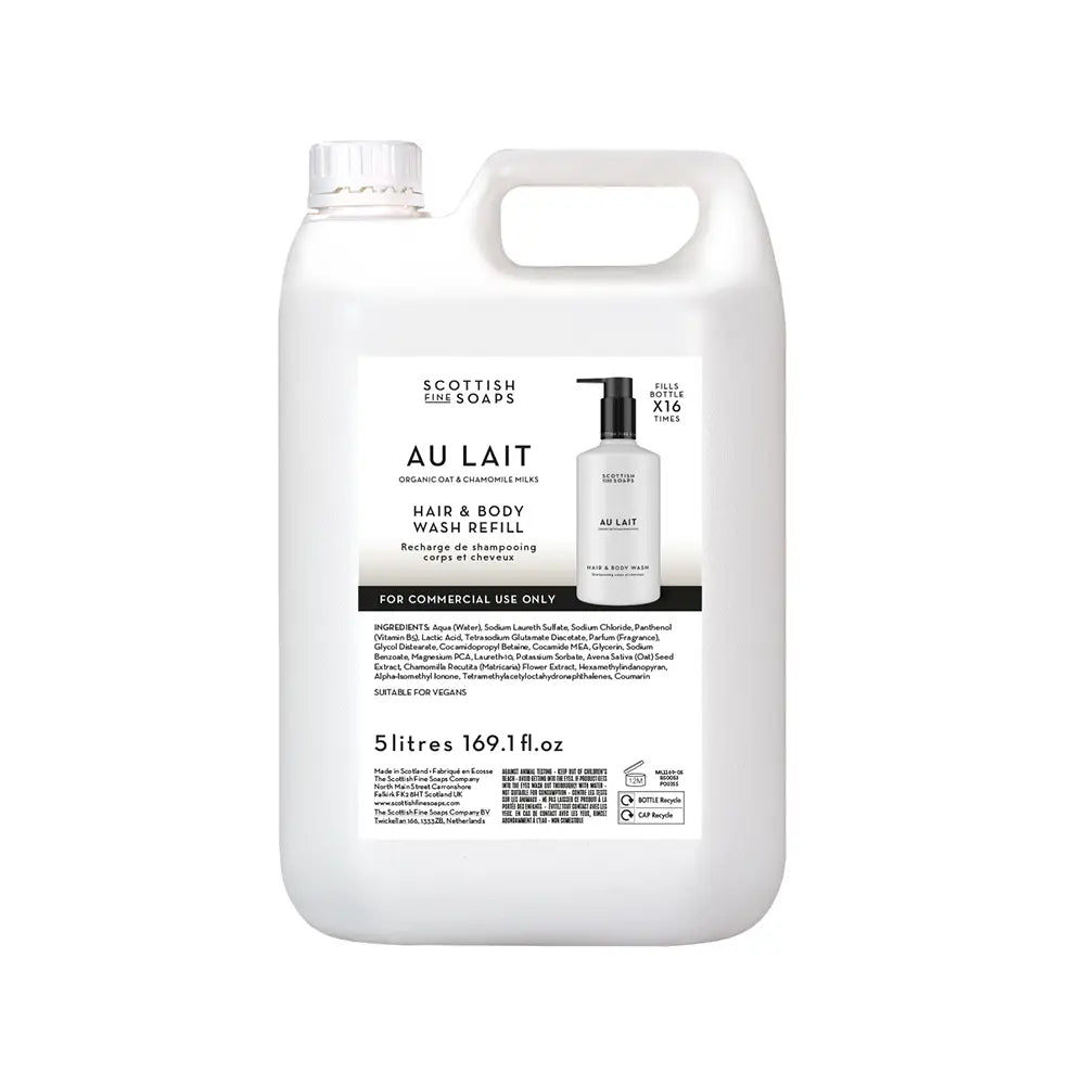 A 5 litre white plastic container of Scottish Soaps Au Lait Hair & Body Wash Refill, featuring a white label with black text and a small product photo, on a solid white background.