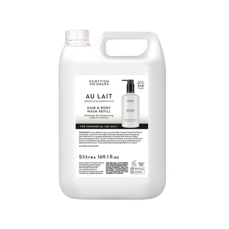 A 5 litre white plastic container of Scottish Soaps Au Lait Hair & Body Wash Refill, featuring a white label with black text and a small product photo, on a solid white background.