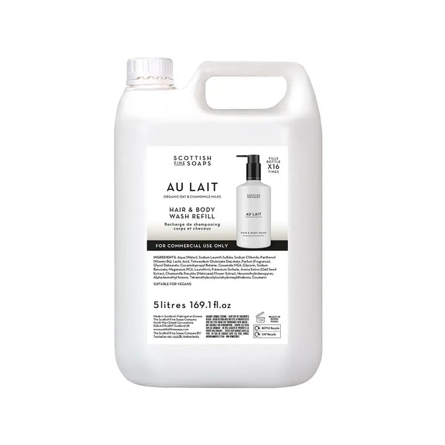 A 5 litre white plastic container of Scottish Soaps Au Lait Hair & Body Wash Refill, featuring a white label with black text and a small product photo, on a solid white background.