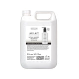 A 5 litre white plastic container of Scottish Lait Au Lait Bath & Shower Gel Refill, featuring a large white label with black text and a small product bottle graphic.