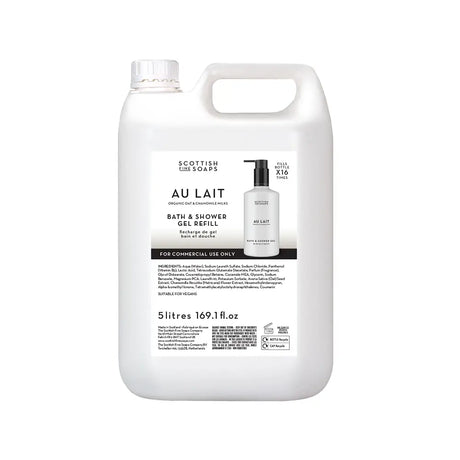 A 5 litre white plastic container of Scottish Lait Au Lait Bath & Shower Gel Refill, featuring a large white label with black text and a small product bottle graphic.