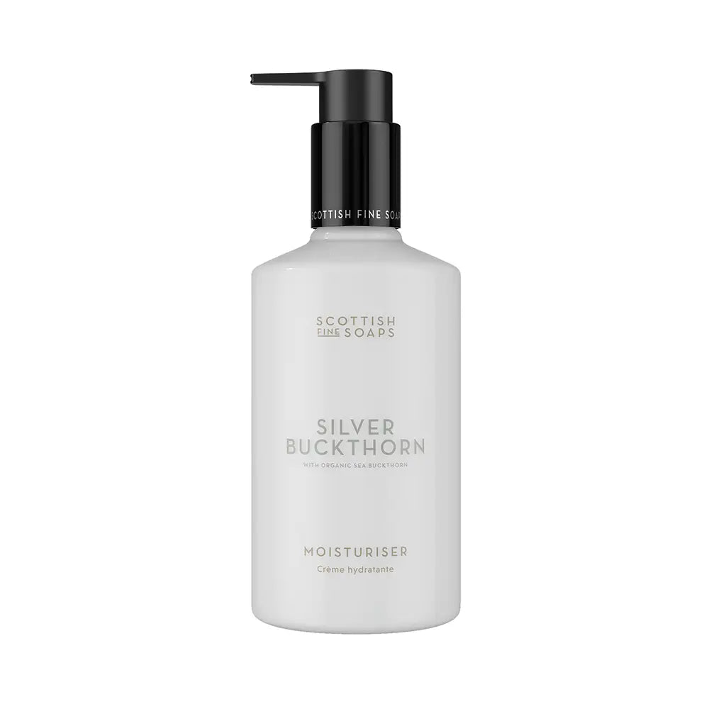 A frosted white bottle of Scottish Fine Soaps 'Silver Buckthorn' moisturiser with a black pump dispenser, shown on a plain white background.