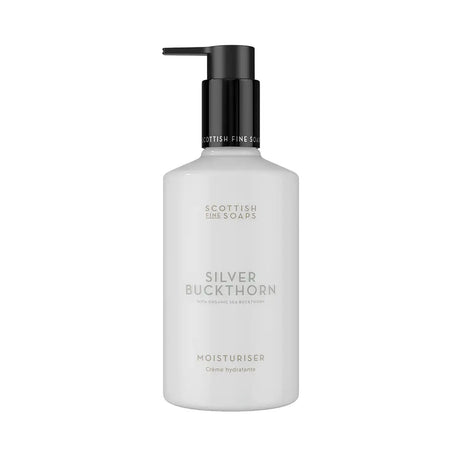 A frosted white bottle of Scottish Fine Soaps 'Silver Buckthorn' moisturiser with a black pump dispenser, shown on a plain white background.
