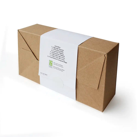 Out of Eden Cleaning Pack contents label, showing sponge, cloth, laundry and dishwasher tablets, and bin liners