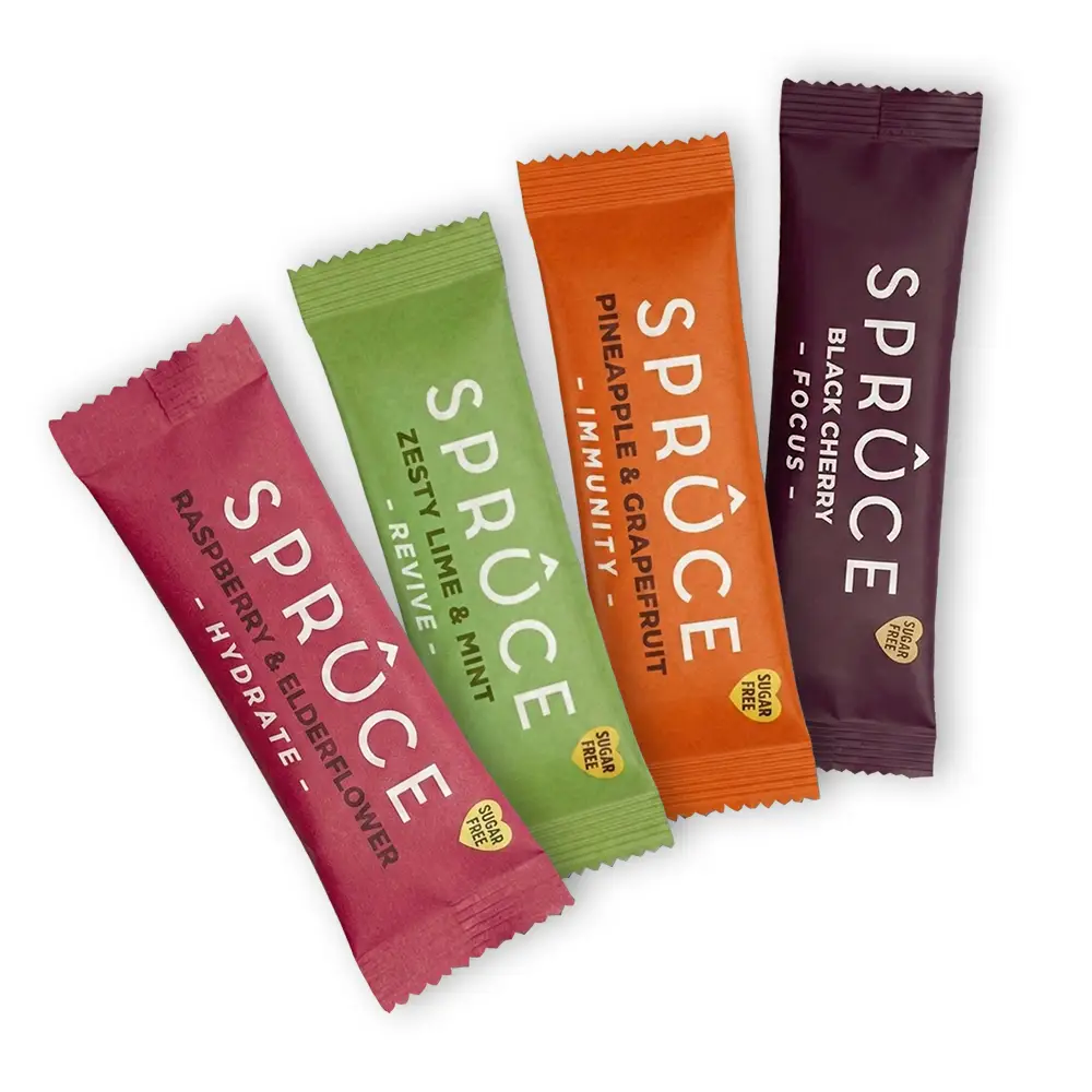 Spruce sugar-free drink sachets in four flavours: Raspberry & Elderflower, Zesty Lime & Mint, Pineapple & Grapefruit and Black Cherry