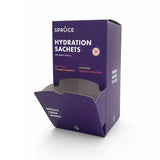Spruce Hydration Sachets purple display box, sugar-free water flavouring with added vitamins, four flavours listed