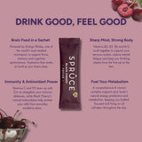 Spruce Black Cherry Focus sachet with benefit breakdown covering brain function, immunity, and metabolism