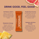 Spruce Pineapple & Grapefruit Immunity sachet with benefit breakdown covering cell defence, immunity, metabolism, and hydration