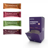 Spruce Hydration Sachets mixed flavour pack – Pineapple & Grapefruit, Raspberry & Elderflower, Zesty Lime & Mint and Black Cherry sugar-free water flavouring sachets with display box