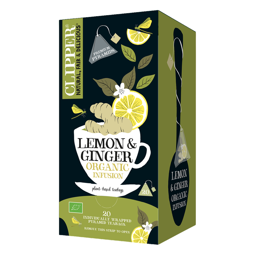 Clipper Premium Organic Lemon & Ginger Pyramid Tea Bags - Tag & Envelope