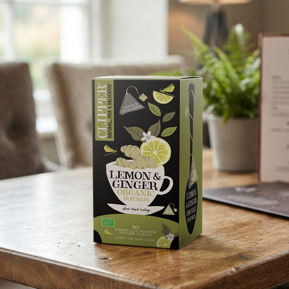 Clipper Premium Organic Lemon & Ginger Pyramid Tea Bags - Tag & Envelope