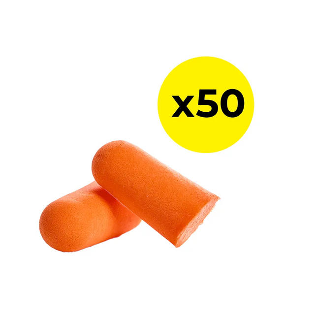 A pair of orange foam earplugs