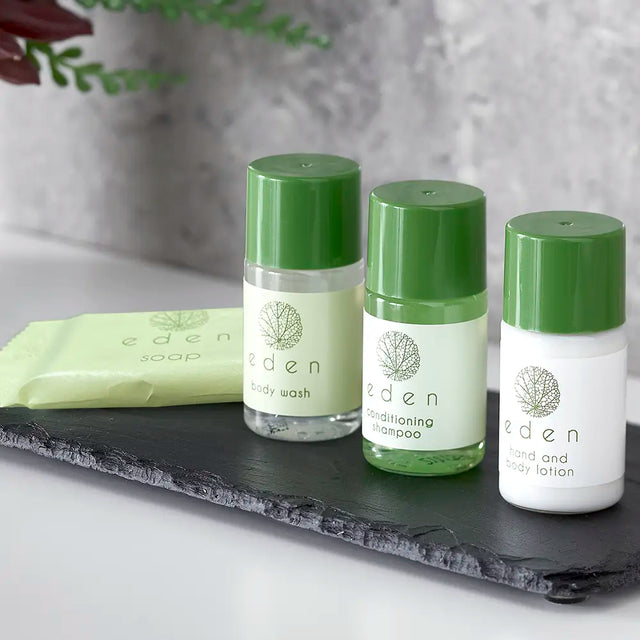 Eden welcome pack of miniature complimentary hotel toiletries and amenities