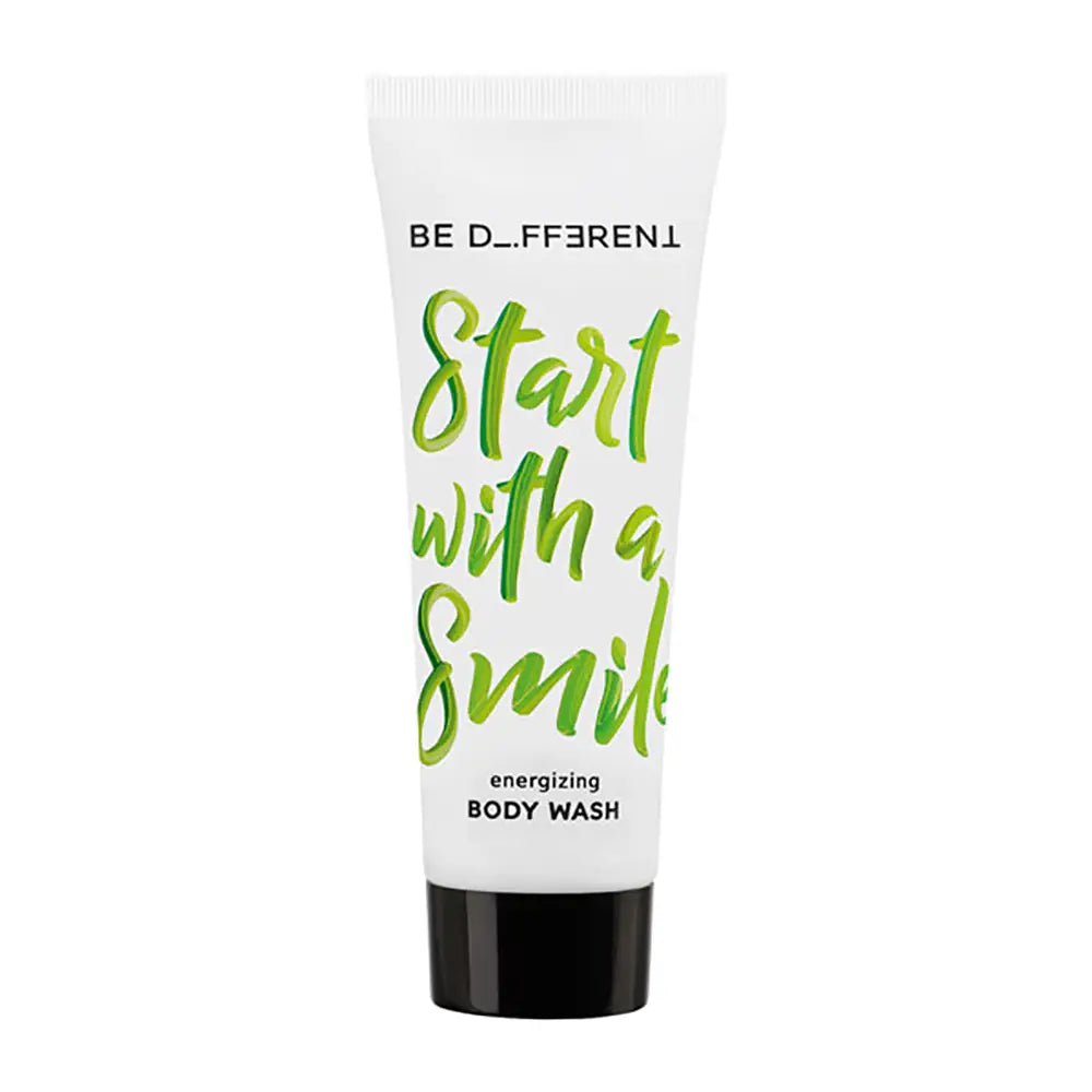 Be different energising bodywash 'Start with a Smile' text on a white tube with a white background