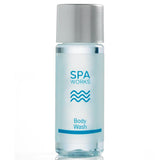 Bottle of Spa Works Body Wash with a silver cap on a white background