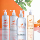 A collection of the Citrus Grapefruit & Sweet Orange products including lotion, conditioner, hand wash, and shampoo & body wash on a reflective surface 