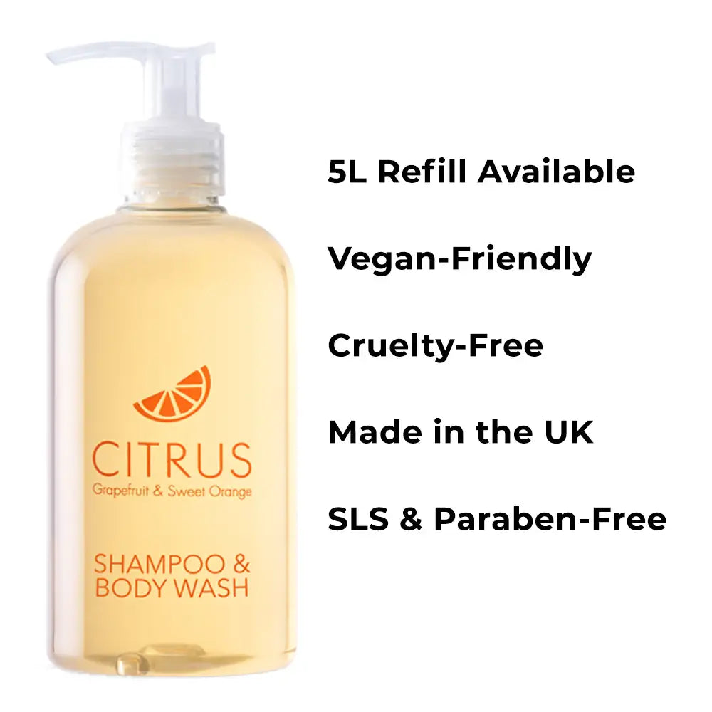 300 ml Bottle of Citrus shampoo and body wash with product features listed on a white background