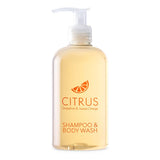 Bottle of Citrus Grapefruit & Sweet Orange Shampoo & Body Wash with a pump on a white background