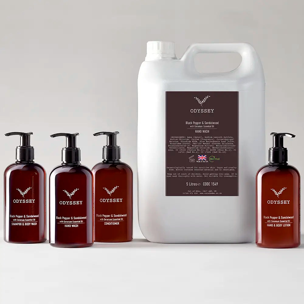 Odyssey skincare refill products including bottles and a large container on a light gray background