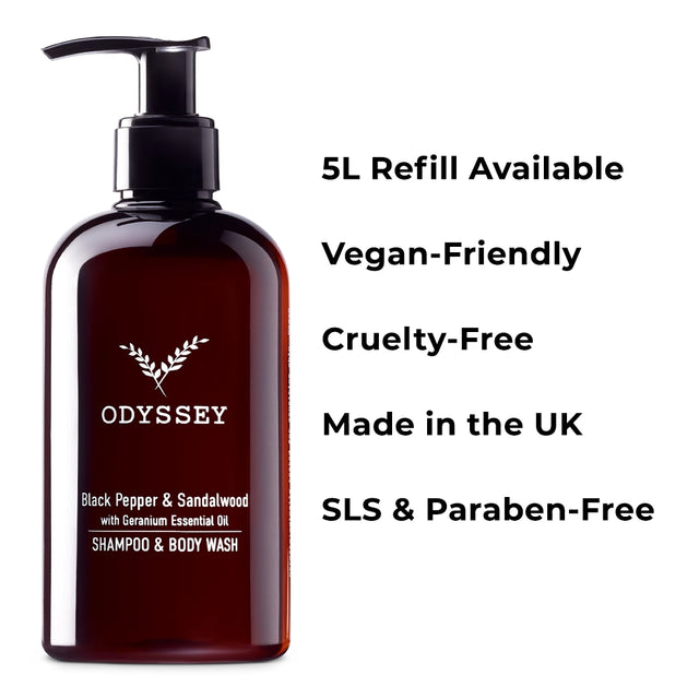 Shampoo  black pepper, sandalwood with Geranium essential oil  and body wash bottle with Odyssey branding on a white background, featuring text about product attributes.