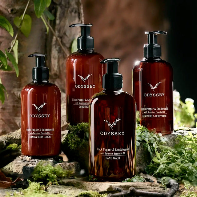 Set of Odyssey skincare products including body lotion, shampoo, conditioner and body wash on a natural stone background.