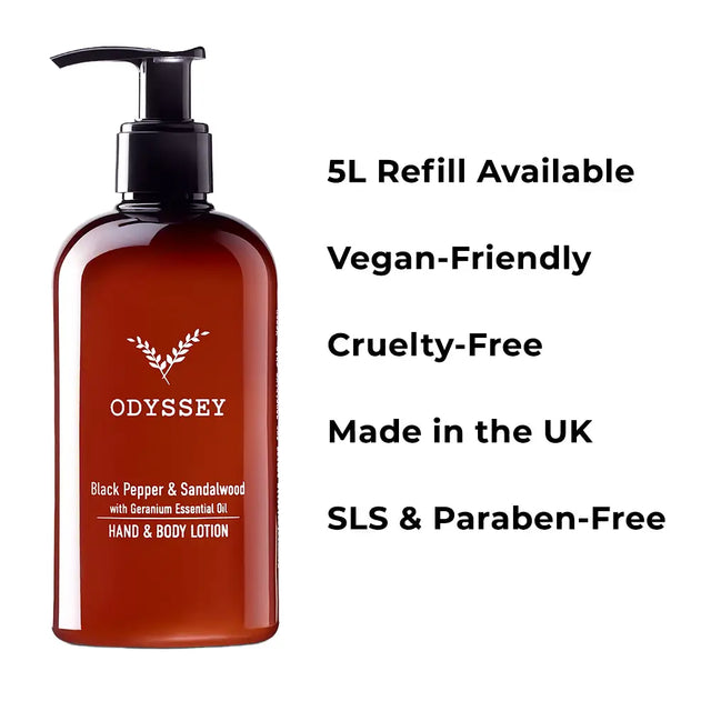 Odyssey Black Pepper & Sandalwood Hand & Body Lotion 300ml benefits