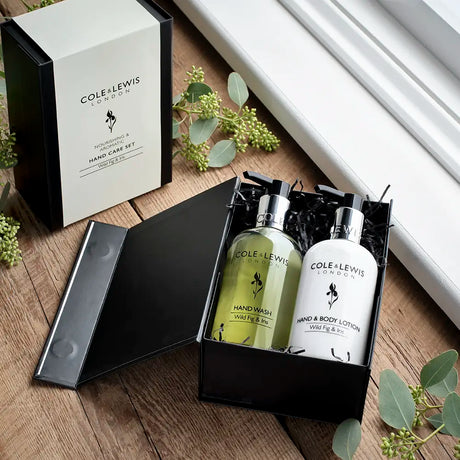 Cole & Lewis hand care set on a wooden surface.