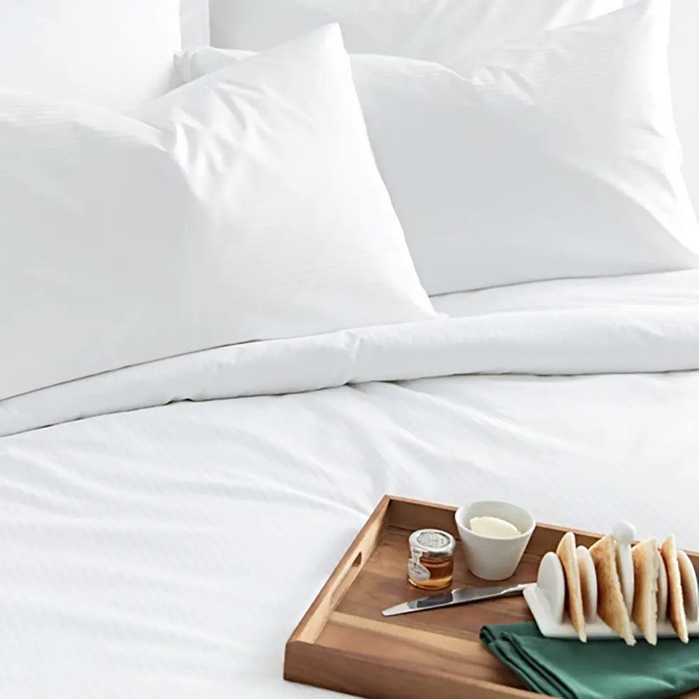 Luxury Cotton Micro Stripe 300 Thread Count Flat Sheet in bedroom lifestyle setting
