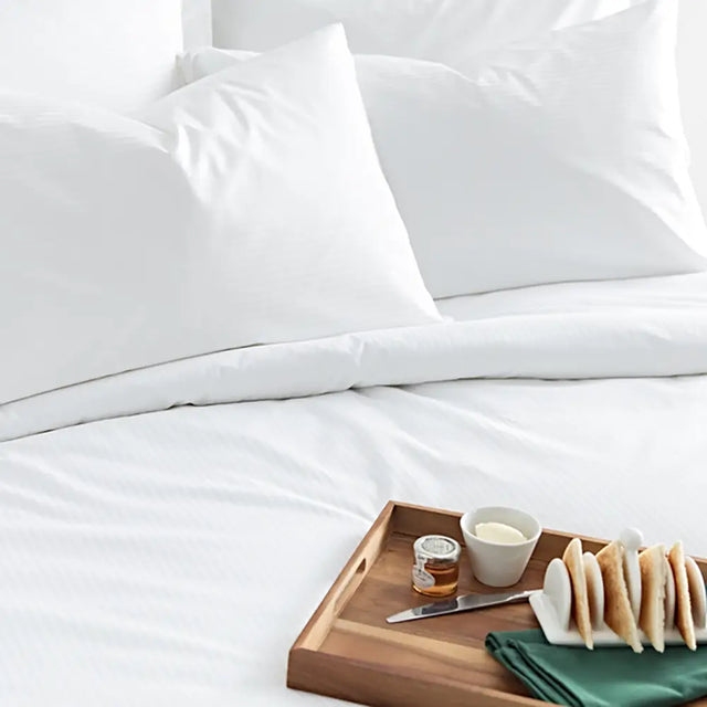 Luxury Cotton Micro Stripe 300 Thread Count Flat Sheet in bedroom lifestyle setting
