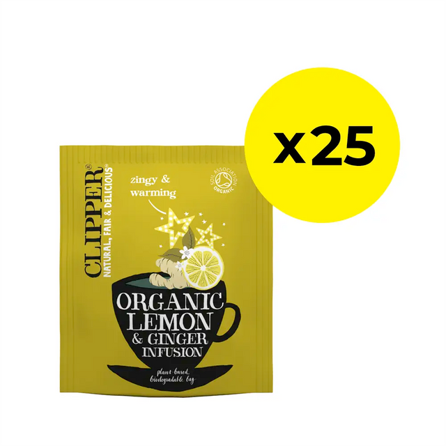 Clipper Organic Lemon & Ginger Infusion package with a yellow circle displaying 25 pack