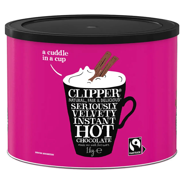 Pink canister of 1kg Clipper Instant Hot Chocolate with black lid and branding.