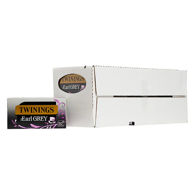 Twinings Earl Grey tea packaging on a white background displaying pack of 50