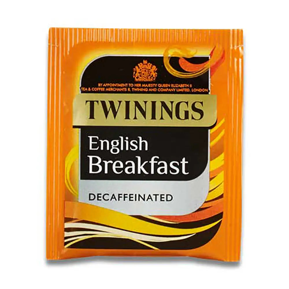 Twinings English Breakfast Decaffeinated tea packet on a white background