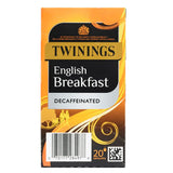 Twinings English Breakfast Decaffeinated tea box package on a white background
