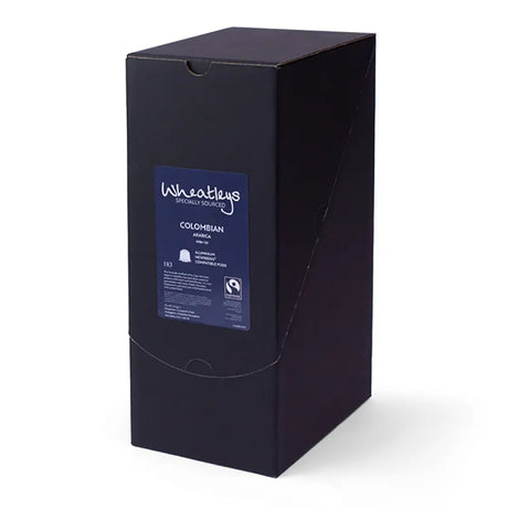 Wheatleys Fairtrade Colombian Arabica Coffee Pods - Pack of 120 -Black coffee packaging with 'Wheatleys' branding on a white background