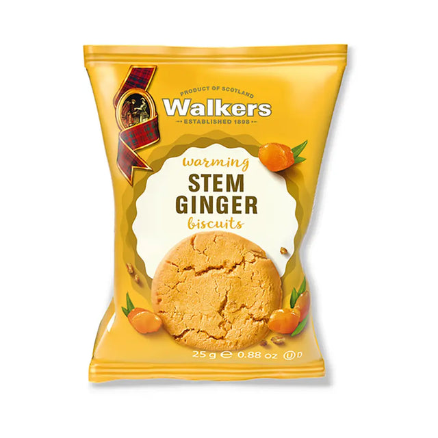 Warming Stem Ginger Biscuits from Walkers - yellow foil lined packet contains two delicious biscuits perfect for delighting guests at hotels, B&Bs and holiday lets.