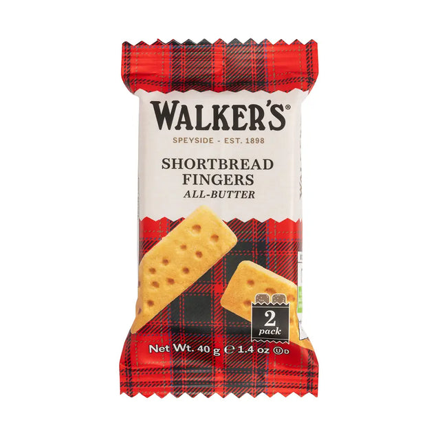 A twin pack of Walker's All-Butter Shortbread Fingers wrapped in a tartan wrapper. Package shows two rectangular, traditional style shortbread fingers marked with signature circular fork marks along the top of each biscuit. Net weight 40g.