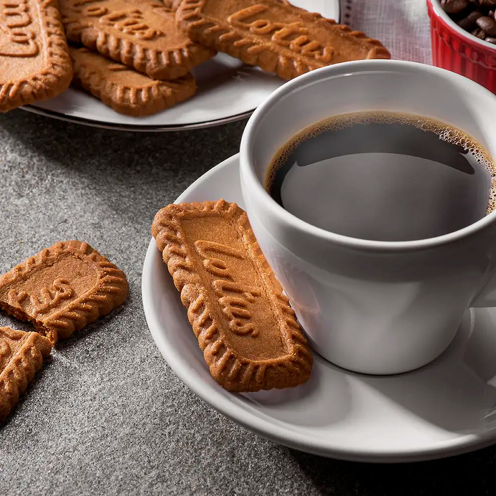 White cup of coffee with a saucer, surrounded by biscoff cookies on a gray surface.