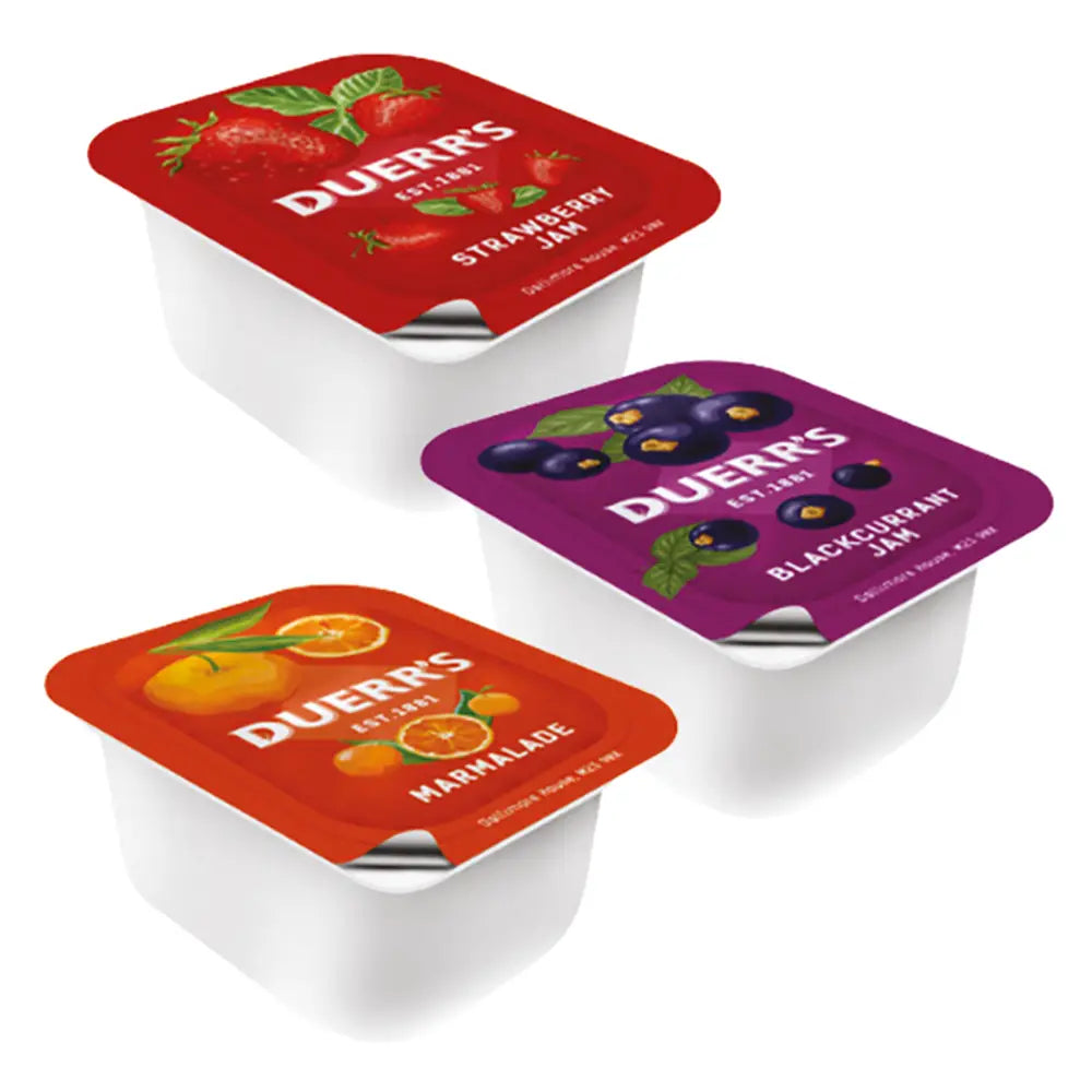 single portion pots of strawberry or blackcurrent jam and marmalade from Duerr’s 