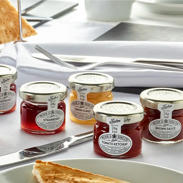 Tiptree Brown Sauce Mini Jars lifestyle image in breakfast setting 