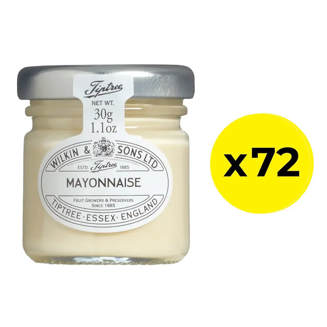 Jar of Tiptree mayonnaise with a label and a yellow circle with 'x72' on a white background