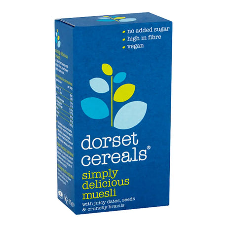 Box of Dorset Cereals simply delicious muesli on a white background