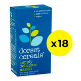 Box of Dorset Cereals Simply Delicious Muesli with a yellow circle indicating sold as a pack of 18 boxes inside.