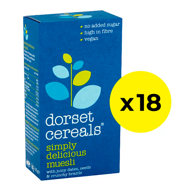 Box of Dorset Cereals Simply Delicious Muesli with a yellow circle indicating sold as a pack of 18 boxes inside.