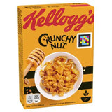 Kellogg's Crunchy Nut cereal box with a bowl of cereal and honey on a white background