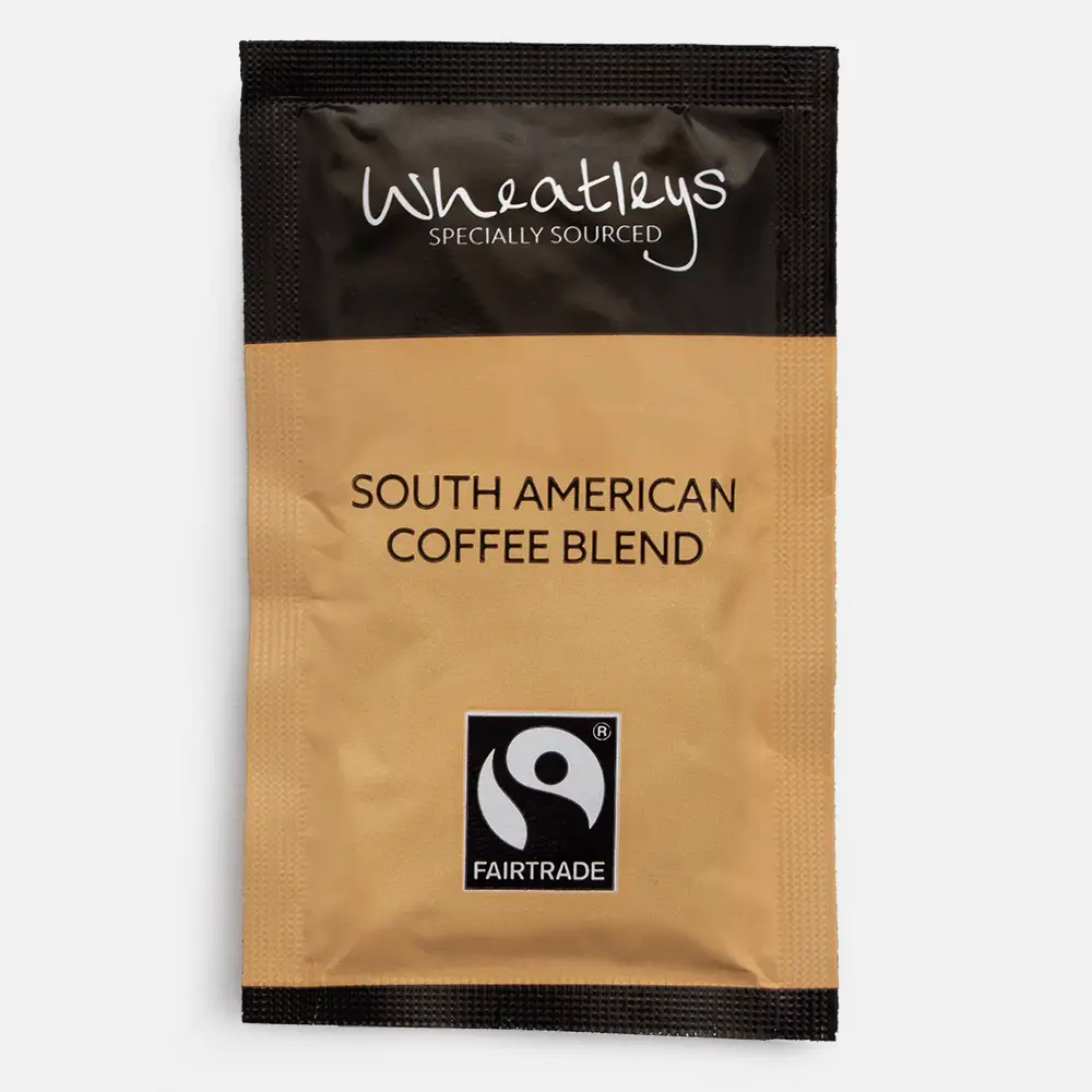 Front of wheatleys South American Coffee Blend packet with Fairtrade logo on a white background